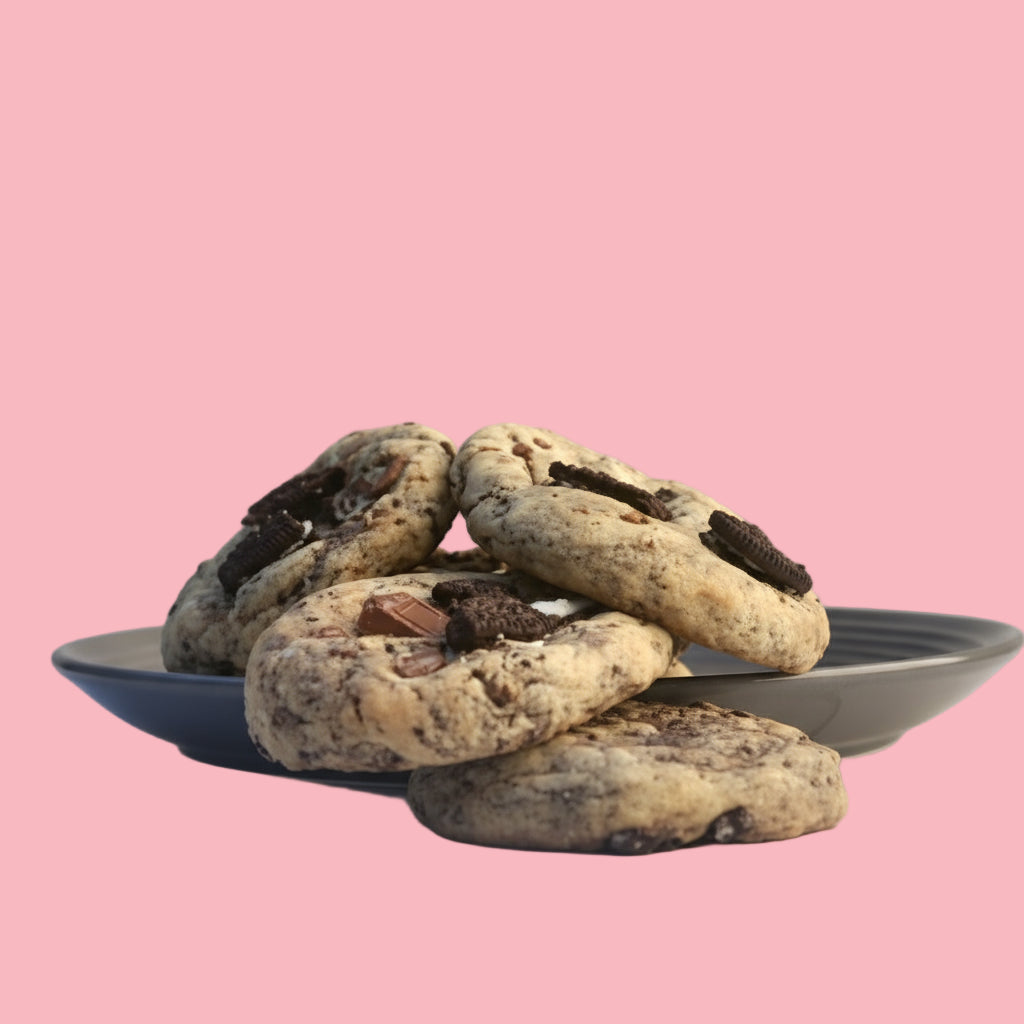 Stack of cookies on a plate with a blurred window background