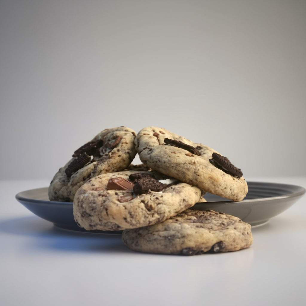 Stack of cookies on a plate with a blurred window background