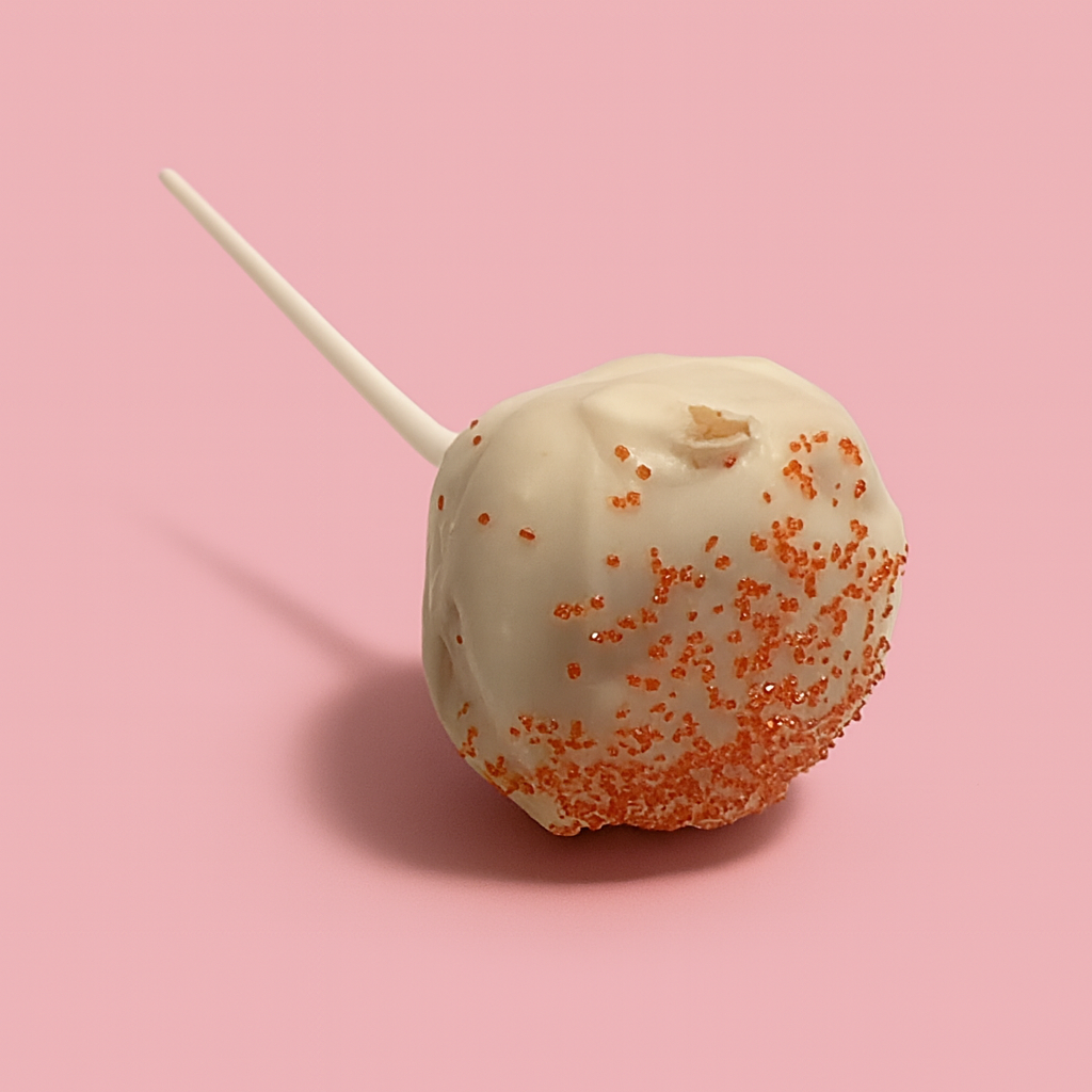 White cake pop with RED sprinkles on a pink background