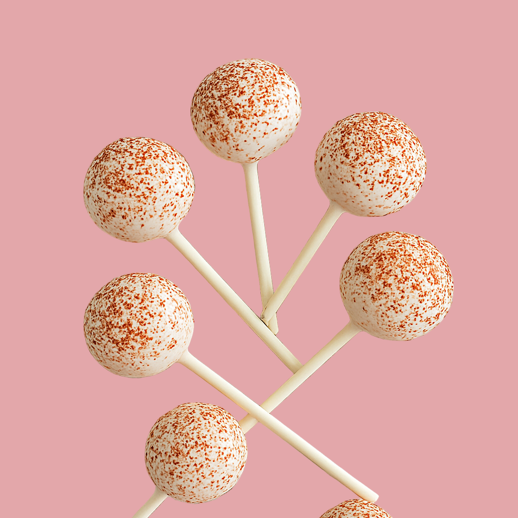 Cake pops with pink sprinkles on sticks arranged 